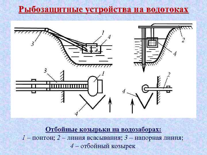 Рыбозащитные устройства на водотоках Отбойные козырьки на водозаборах: 1 – понтон; 2 – линия