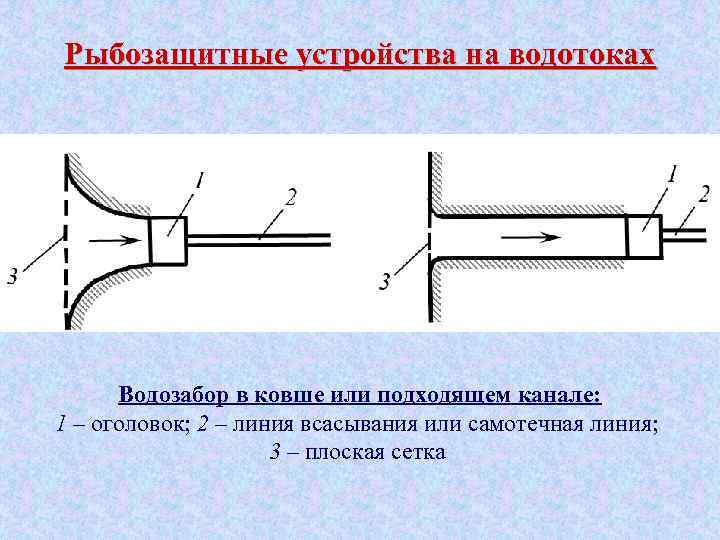 Рыбозащитные устройства на водотоках Водозабор в ковше или подходящем канале: 1 – оголовок; 2