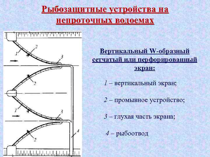 Рыбозащитные устройства на непроточных водоемах Вертикальный W-образный сетчатый или перфорированный экран: 1 – вертикальный