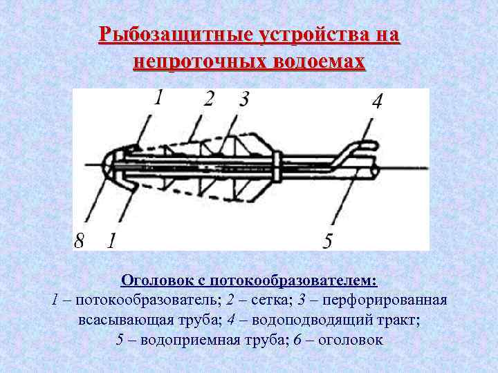 Рыбозащитные устройства на непроточных водоемах Оголовок с потокообразователем: 1 – потокообразователь; 2 – сетка;