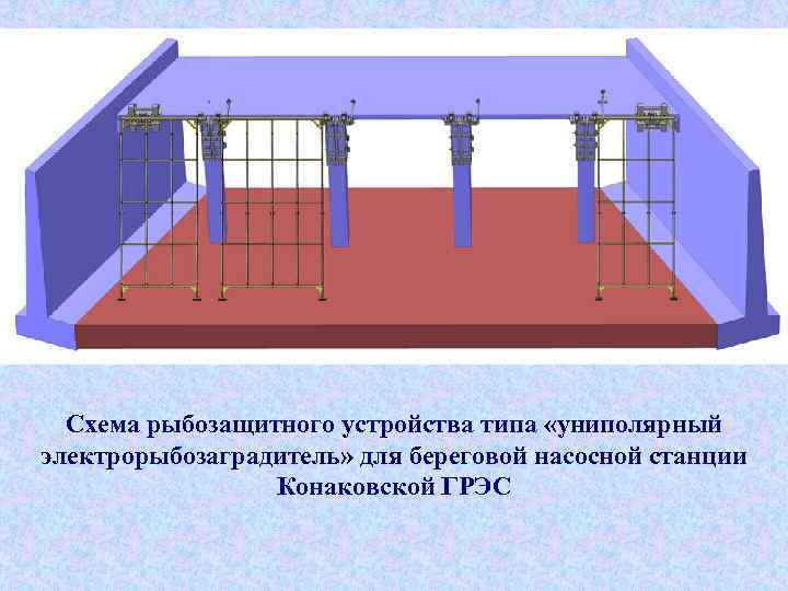 Схема рыбозащитного устройства типа «униполярный электрорыбозаградитель» для береговой насосной станции Конаковской ГРЭС 