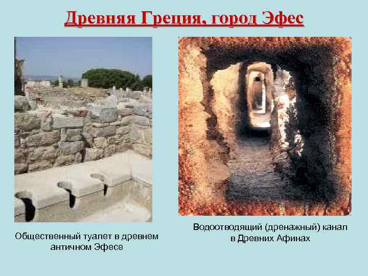 Древняя Греция, город Эфес Общественный туалет в древнем античном Эфесе Водоотводящий (дренажный) канал в