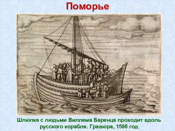 Поморье Шлюпка с людьми Виллема Баренца проходит вдоль русского корабля. Гравюра, 1598 год 