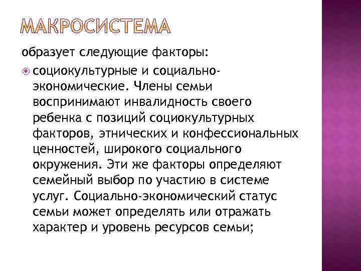 образует следующие факторы: социокультурные и социальноэкономические. Члены семьи воспринимают инвалидность своего ребенка с позиций