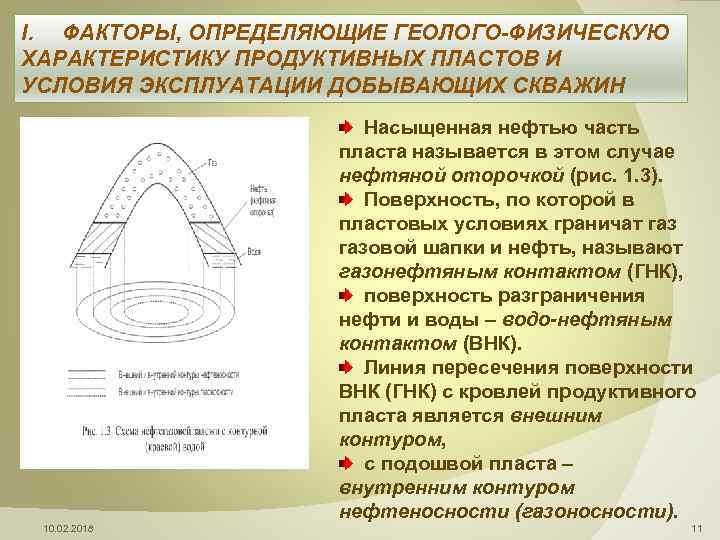 I. ФАКТОРЫ, ОПРЕДЕЛЯЮЩИЕ ГЕОЛОГО-ФИЗИЧЕСКУЮ ХАРАКТЕРИСТИКУ ПРОДУКТИВНЫХ ПЛАСТОВ И УСЛОВИЯ ЭКСПЛУАТАЦИИ ДОБЫВАЮЩИХ СКВАЖИН Насыщенная нефтью