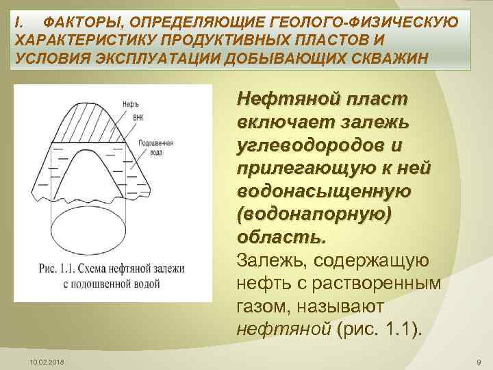 I. ФАКТОРЫ, ОПРЕДЕЛЯЮЩИЕ ГЕОЛОГО-ФИЗИЧЕСКУЮ ХАРАКТЕРИСТИКУ ПРОДУКТИВНЫХ ПЛАСТОВ И УСЛОВИЯ ЭКСПЛУАТАЦИИ ДОБЫВАЮЩИХ СКВАЖИН Нефтяной пласт