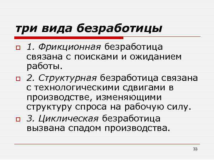 три вида безработицы o o o 1. Фрикционная безработица связана с поисками и ожиданием