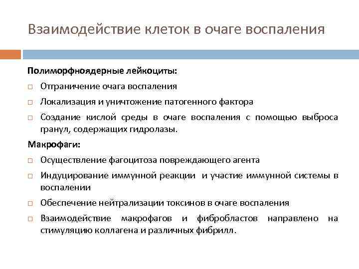 Взаимодействие клеток в очаге воспаления Полиморфноядерные лейкоциты: Отграничение очага воспаления Локализация и уничтожение патогенного