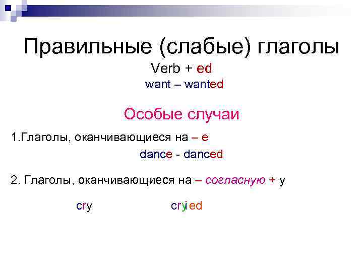 Правильные (слабые) глаголы Verb + ed want – wanted Особые случаи 1. Глаголы, оканчивающиеся