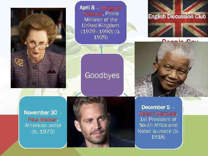 April 8 – Margaret Thatcher, Prime Minister of the United Kingdom (1979– 1990) (b.