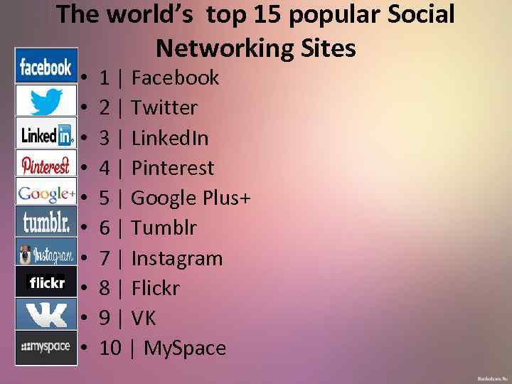 The world’s top 15 popular Social Networking Sites • • • 1 | Facebook