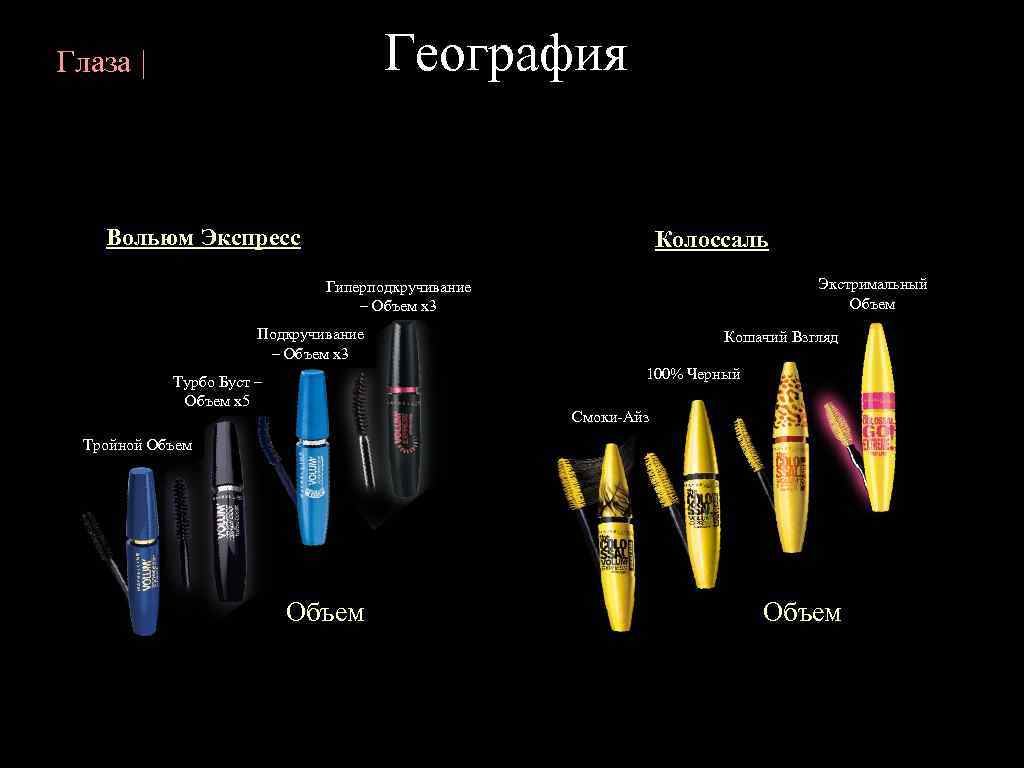 География Глаза | Вольюм Экспресс Колоссаль Экстримальный Объем Гиперподкручивание – Объем х3 Подкручивание –