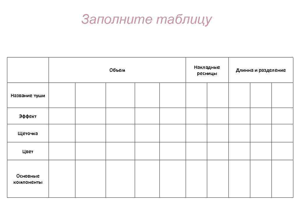Заполните таблицу Накладные ресницы Объем Длинна и разделение Название туши Эффект Щеточка Цвет Основные