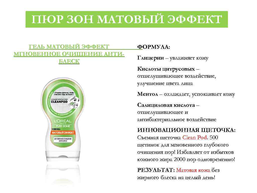 ПЮР ЗОН МАТОВЫЙ ЭФФЕКТ ГЕЛЬ МАТОВЫЙ ЭФФЕКТ МГНОВЕННОЕ ОЧИЩЕНИЕ АНТИБЛЕСК ФОРМУЛА: Глицерин – увлажняет