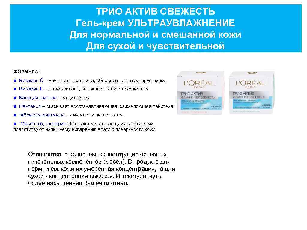 ТРИО АКТИВ СВЕЖЕСТЬ Гель-крем УЛЬТРАУВЛАЖНЕНИЕ Для нормальной и смешанной кожи Для сухой и чувствительной