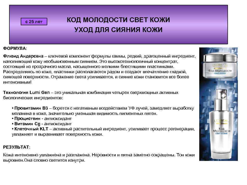 с 25 лет КОД МОЛОДОСТИ СВЕТ КОЖИ УХОД ДЛЯ СИЯНИЯ КОЖИ ФОРМУЛА: Флюид Андерсена