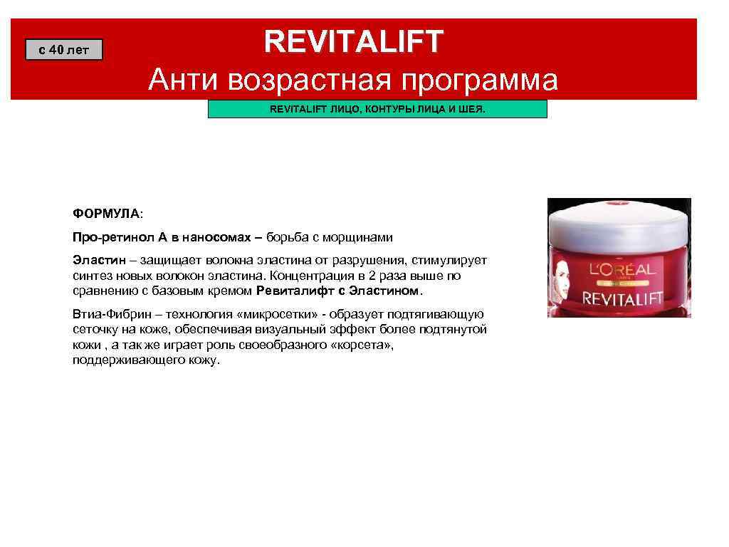 с 40 лет REVITALIFT Анти возрастная программа REVITALIFT ЛИЦО, КОНТУРЫ ЛИЦА И ШЕЯ. ФОРМУЛА: