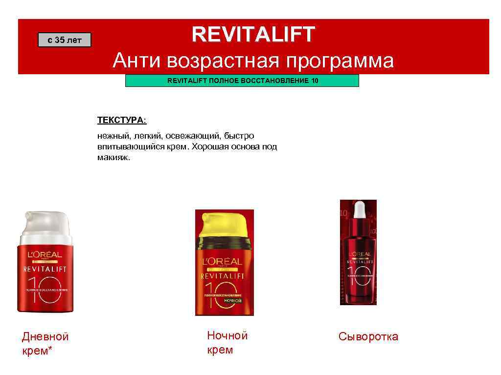 с 35 лет REVITALIFT Анти возрастная программа REVITALIFT ПОЛНОЕ ВОССТАНОВЛЕНИЕ 10 ТЕКСТУРА: нежный, легкий,