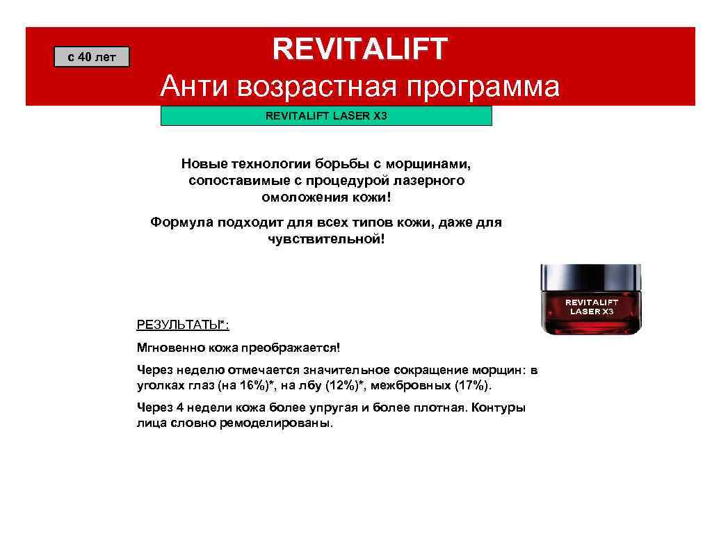 с 40 лет REVITALIFT Анти возрастная программа REVITALIFT LASER X 3 Новые технологии борьбы