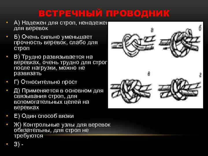 ВСТРЕЧНЫЙ ПРОВОДНИК • А) Надежен для строп, ненадежен для веревок • Б) Очень сильно