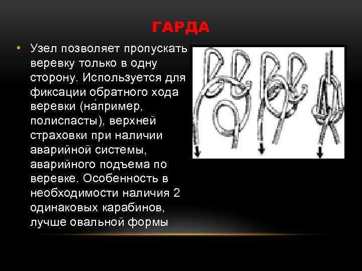 ГАРДА • Узел позволяет пропускать веревку только в одну сторону. Используется для фиксации обратного