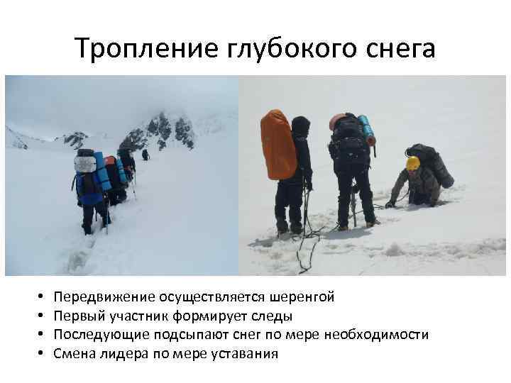 Тропление глубокого снега • • Передвижение осуществляется шеренгой Первый участник формирует следы Последующие подсыпают