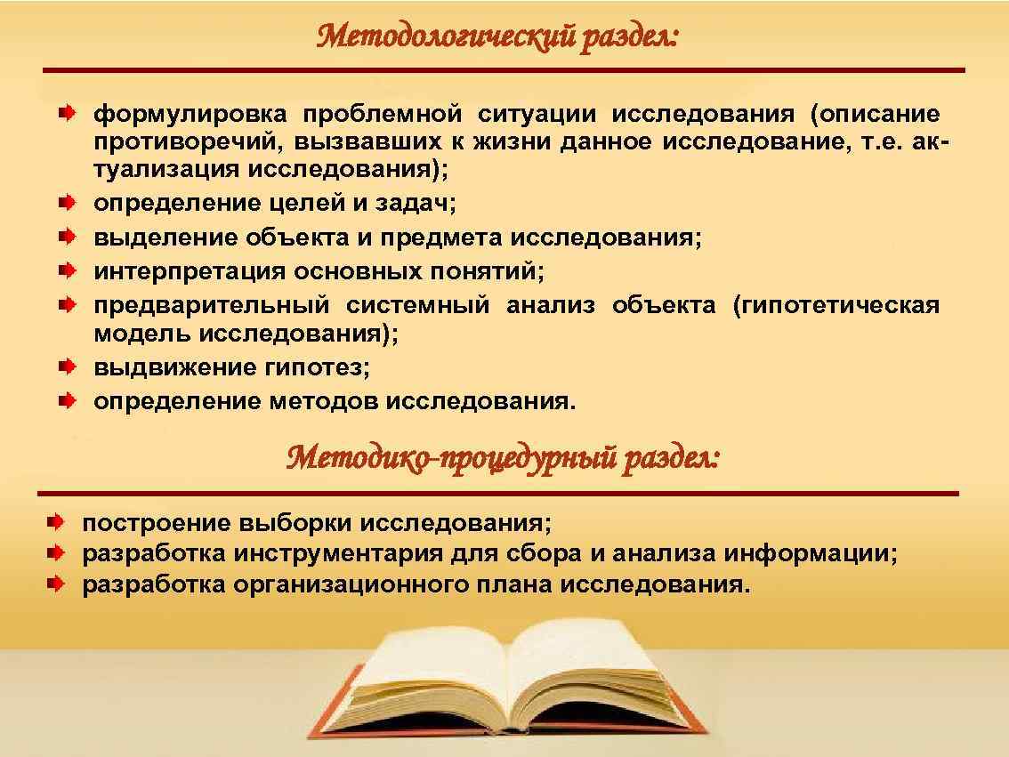 Методологический раздел: формулировка проблемной ситуации исследования (описание противоречий, вызвавших к жизни данное исследование, т.