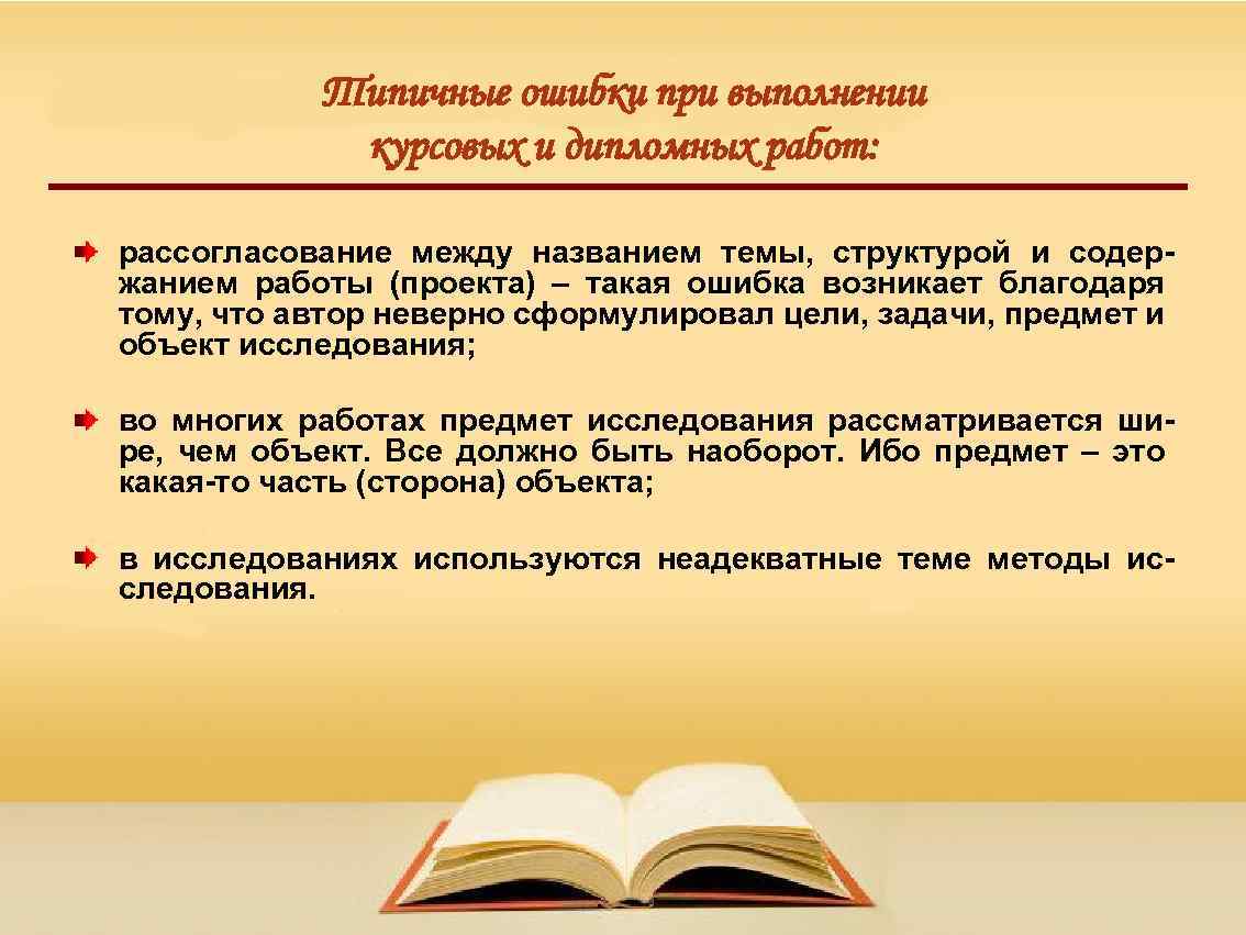 Типичные ошибки при выполнении курсовых и дипломных работ: рассогласование между названием темы, структурой и