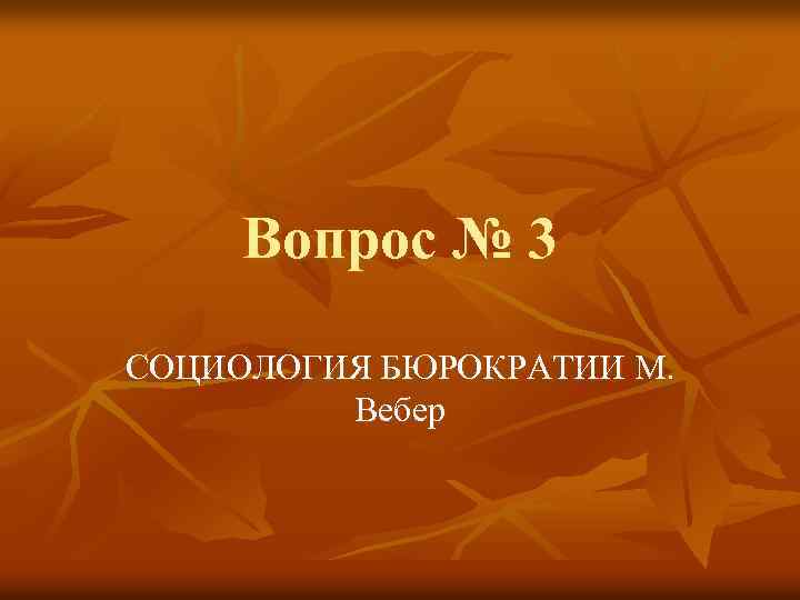 Вопрос № 3 СОЦИОЛОГИЯ БЮРОКРАТИИ М. Вебер 