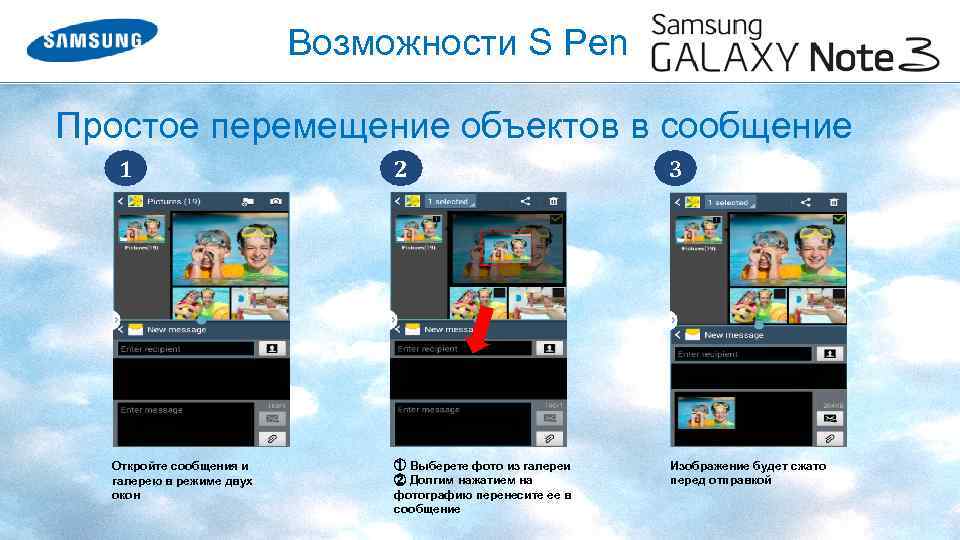 Возможности S Pen Простое перемещение объектов в сообщение 1 Откройте сообщения и галерею в