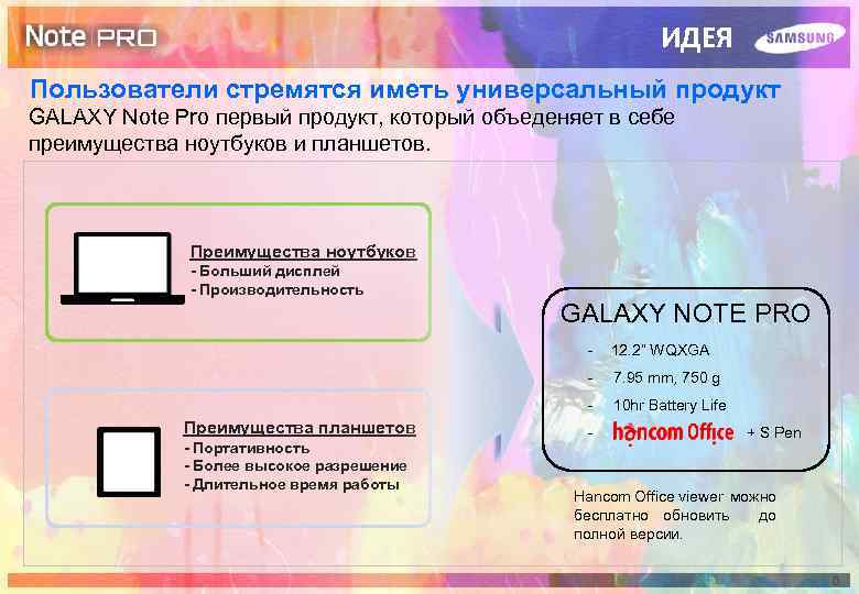 ИДЕЯ Пользователи стремятся иметь универсальный продукт GALAXY Note Pro первый продукт, который объеденяет в