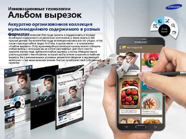 Инновационные технологии Альбом вырезок Аккуратно организованная коллекция мультимедийного содержимого в разных форматах Новый смартфон