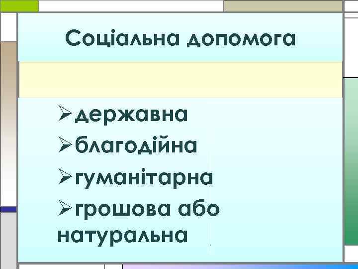 Соціальна допомога Øдержавна Øблагодійна Øгуманітарна Øгрошова або натуральна 