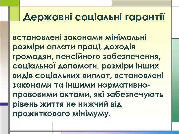 Державні соціальні гарантії встановлені законами мінімальні розміри оплати праці, доходів громадян, пенсійного забезпечення, соціальної
