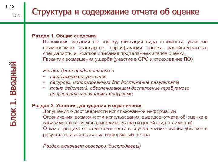 Л. 12 Блок 1. Вводный С. 4 Структура и содержание отчета об оценке Раздел