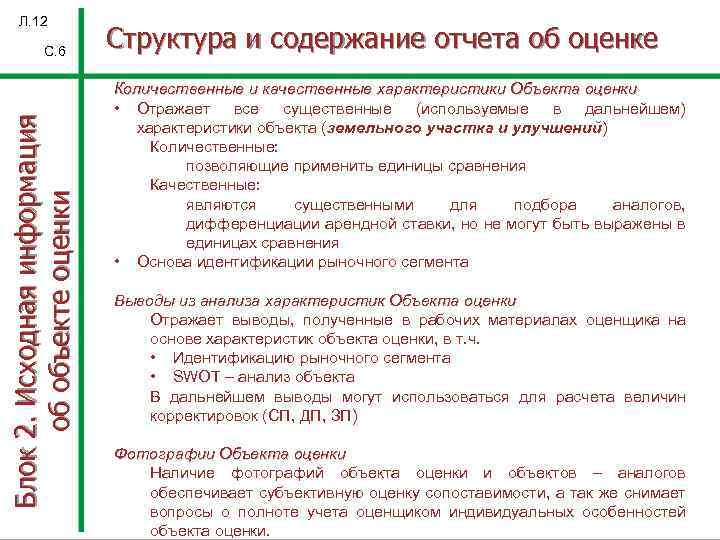 Л. 12 Блок 2. Исходная информация об объекте оценки С. 6 Структура и содержание
