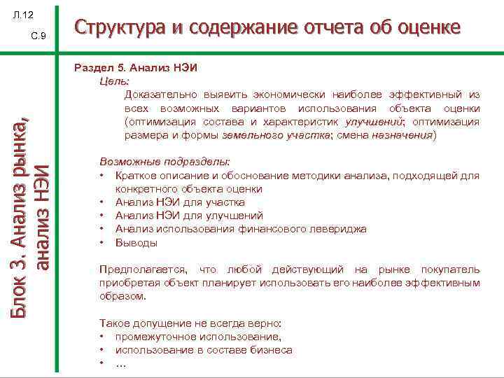 Л. 12 Блок 3. Анализ рынка, анализ НЭИ С. 9 Структура и содержание отчета