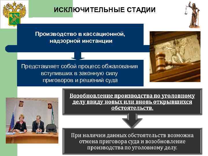 ИСКЛЮЧИТЕЛЬНЫЕ СТАДИИ Производство в кассационной, надзорной инстанции Представляет собой процесс обжалования вступивших в законную