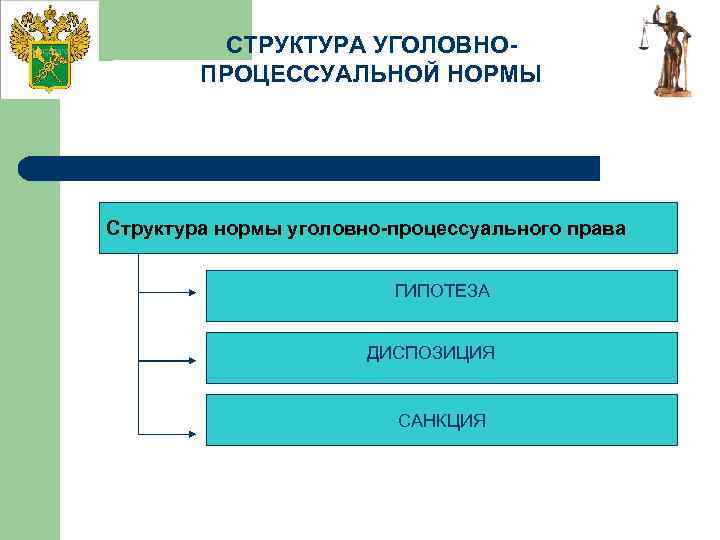 СТРУКТУРА УГОЛОВНОПРОЦЕССУАЛЬНОЙ НОРМЫ Структура нормы уголовно-процессуального права ГИПОТЕЗА ДИСПОЗИЦИЯ САНКЦИЯ 