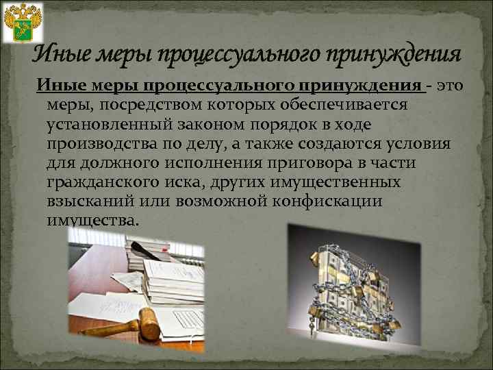 Иные меры процессуального принуждения - это меры, посредством которых обеспечивается установленный законом порядок в