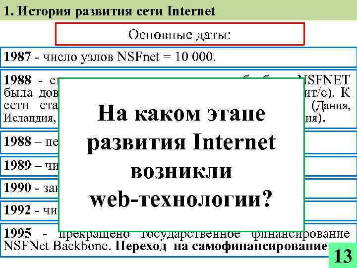 1. История развития сети Internet Основные даты: 1987 - число узлов NSFnet = 10