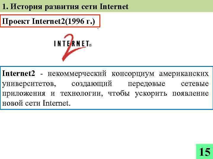 1. История развития сети Internet Проект Internet 2(1996 г. ) Internet 2 - некоммерческий