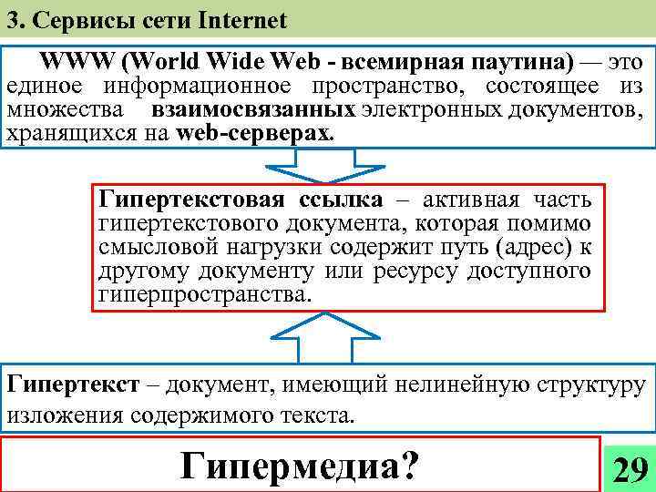 3. Сервисы сети Internet WWW (World Wide Web - всемирная паутина) — это единое