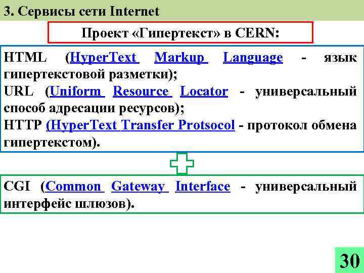 3. Сервисы сети Internet Проект «Гипертекст» в CERN: HTML (Hyper. Text Markup Language -