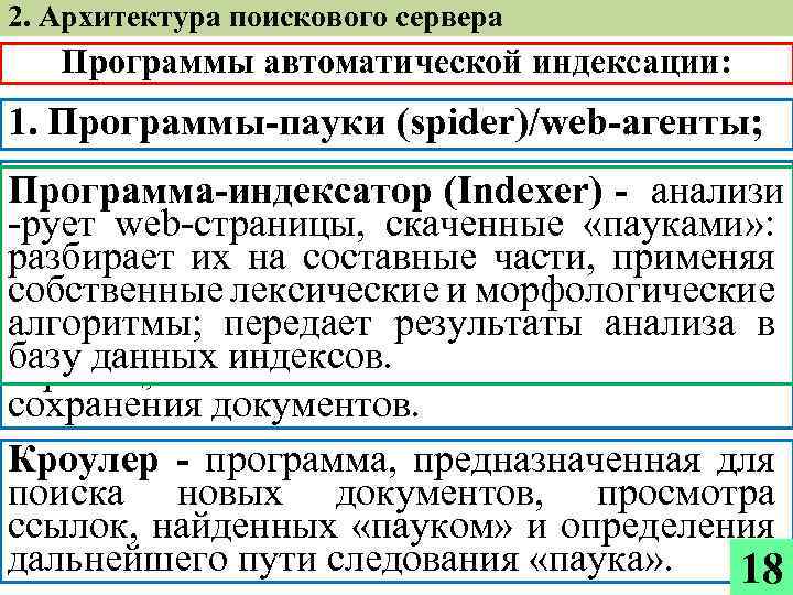 2. Архитектура поискового сервера Программы автоматической индексации: 1. Программы-пауки (spider)/web-агенты; 2. Кроулеры (crawler); (Indexer)