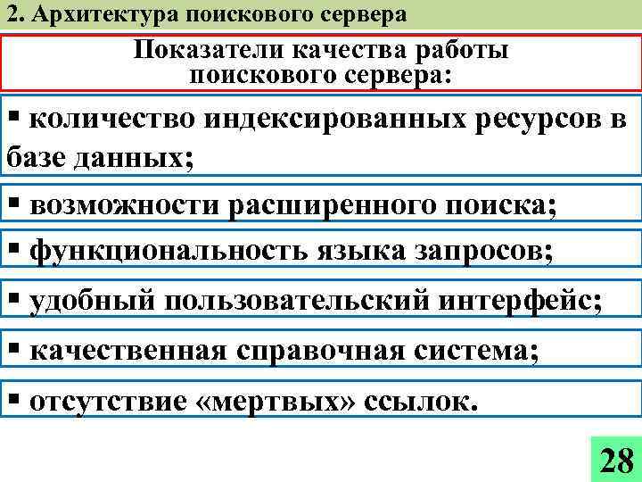 2. Архитектура поискового сервера Показатели качества работы поискового сервера: § количество индексированных ресурсов в