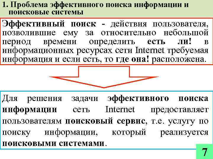 1. Проблема эффективного поиска информации и поисковые системы Эффективный поиск - действия пользователя, позволившие