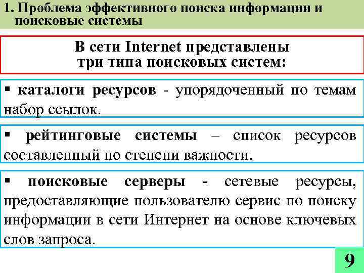 1. Проблема эффективного поиска информации и поисковые системы В сети Internet представлены три типа