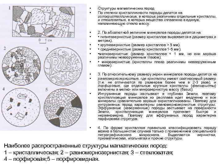  • • Структуры магматических пород По степени кристалличности породы делятся на голокристаллические, в