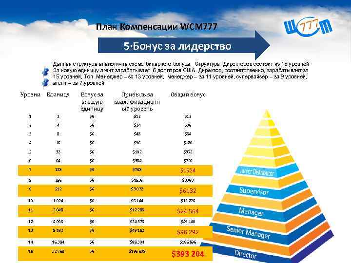 План Компенсации WCM 777 5·Бонус за лидерство Данная структура аналогична схеме бинарного бонуса. Структура
